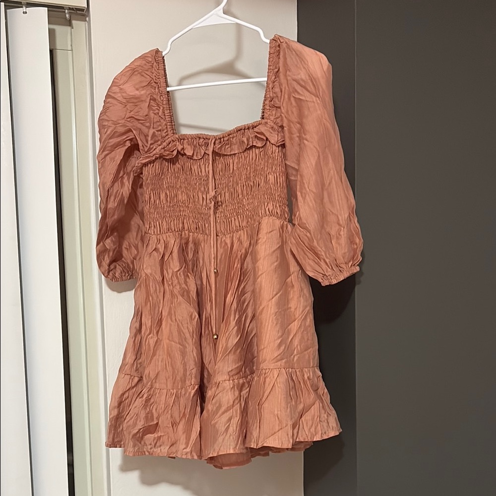 Indikah Pinky Brown Smocked Ruffled Dress with Puff Sleeves